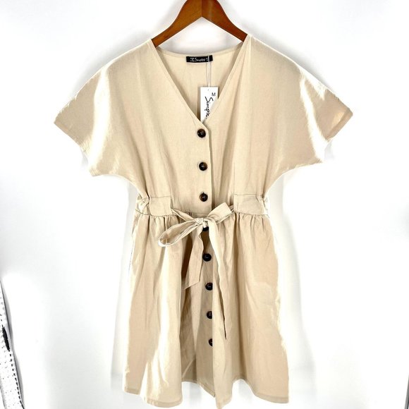 Simplee Dresses & Skirts - NWT Simplee Women's Medium Dress Tan Safari V Neck Short Sleeve Button Down Fron